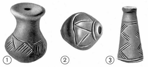 Культура Джхангар: 1, 3 — глиняные сосуды; 2 — большая глиняная бусина.