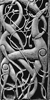 Фрагмент резьбы на портале деревянной церкви в Урнесе. 1060.