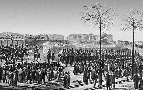 «Восстание на Сенатской площади в Петербурге 14 декабря 1825 года». Акварель К. И. Кольмана.