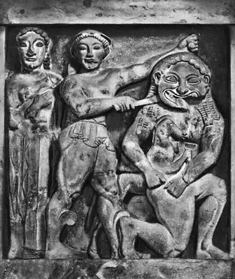 «Афина и Персей, убивающий Горгону». Метопа из храма в Селинунте (о. Сицилия). 2-я половина 6 в. до н.э. Археологический национальный музей. Палермо.
