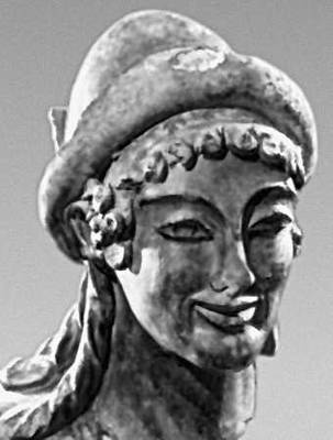 Этруски. Гермес. Фрагмент статуи из храма Аполлона в Вейях. Ок. 500 до н. э. Музей виллы Джулия, Рим. Терракота.