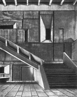 Япония. Архитектрура 20 в. К. Тангэ. Городской зал Курасики в Окаяме. 1960. Интерьер.