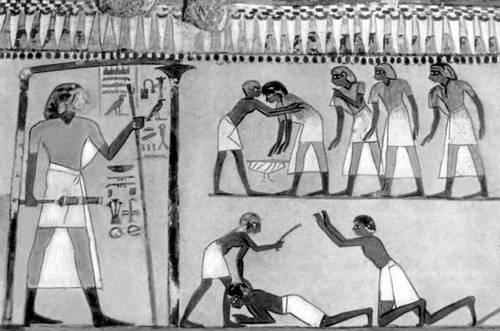 Наказание провинившегося слуги или крестьянина. Фреска из гробницы Менна в Шейх-Абд-эль-Курна. XVIII династия.