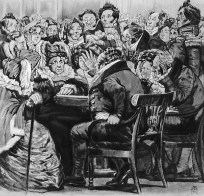 «Горе от ума». Гости на балу у Фамусова. Иллюстрации Л. Н. Кардовского. 1912.
