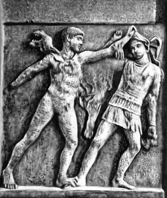 «Геракл и амазонка». Метопа из храма в Селинунте (о. Сицилия). 6 в. до н. э. Археологический национальный музей. Палермо.