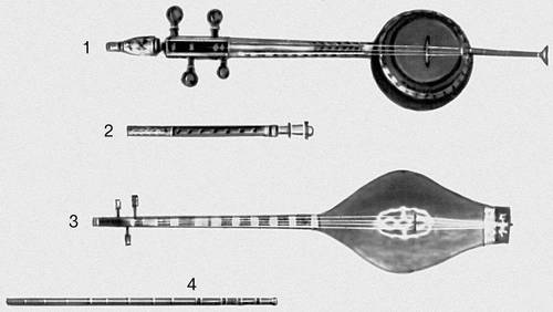 Музыкальные инструменты народов СССР: 1 — кеманча; 2 — дудук; 3 — чонгури; 4 — камыль.