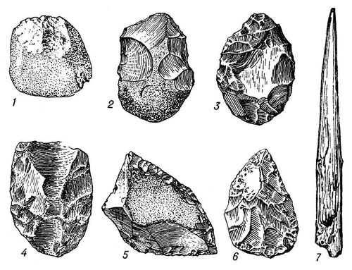 Нижний палеолит: 1 — олдовайское галечное орудие; 2 — шелльское рубило; 3 — ашельское рубило; 4 — ашельский колун; 5 — ашельское скребло; 6 — ашельское остриё; 7 — часть ашельского деревянного копья.