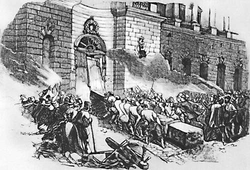 Рабочие и ремесленники взламывают ворота арсенала в Берлине 14 июня 1848. Гравюра 1848.