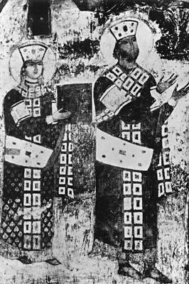 Вардзиа. «Царица Тамара и Георгий III». Фрагмент росписи главного храма. 1180-е гг. Мастер Георгий.