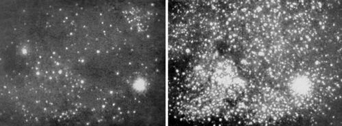 Фотографии участка неба: слева — в видимом излучении, справа — в инфракрасном излучении. На фотографии слева большая часть звезд не видна, т.к. они закрыты туманностью, непрозрачной для видимого излучения. Для инфракрасного излучения туманность прозрачна и потому на фотографии справа видно большое число «инфракрасных» звёзд.