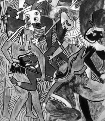 «Битва». Фрагмент росписи храма в Бонампаке (штат Чьяпас). Культура майя. 2-я половина 8 в.
