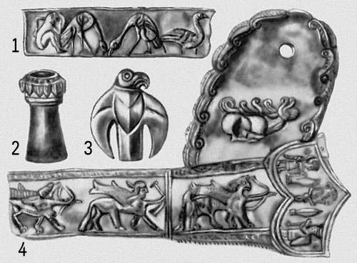 Мельгуновский курган: 1 — золотая пластинка; 2 — серебряное украшение мебели; 3 — бляшка в виде орла; 4 — золотая оковка ножен меча.
