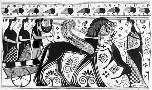 «Аполлон и Артемида». Роспись амфоры. Сер. 7 в. до н. э. Национальный археологический музей. Афины.