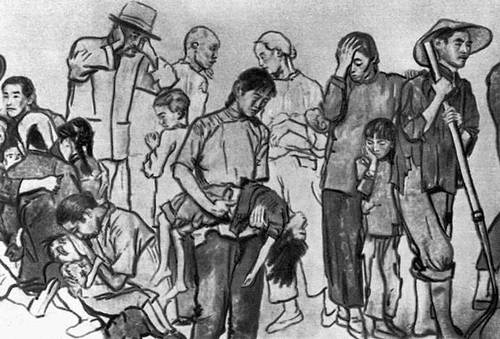 Цзян-Чжао-Хэ. «Беженцы». Бумага, тушь. 1943. Фрагмент.