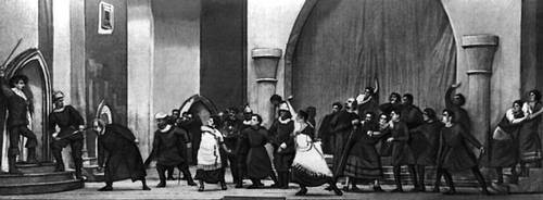 Сцена из спектакля Грузинского театра им. Ш. Руставели «Овечий источник» («Фуэнте овехуна») Лопе де Вега. 1922.
