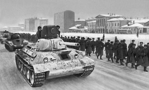 Войска отправляются на фронт с окраины Москвы. Декабрь 1941.