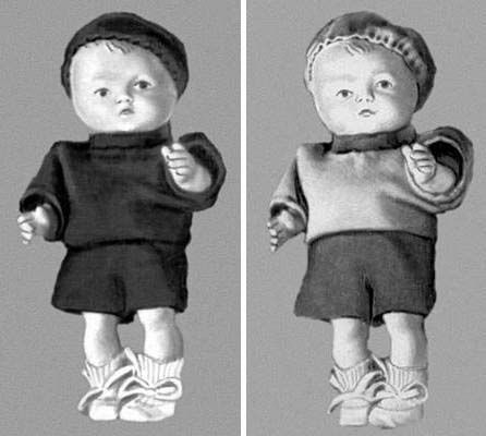 Фотография куклы, одетой в чёрное платье: слева — в видимом свете, справа — на инфракрасной фотографии. Различный цвет одежды на инфракрасной фотографии показывает, что она изготовлена из разных материалов, обладающих различной отражательной способностью для инфракрасного излучения.