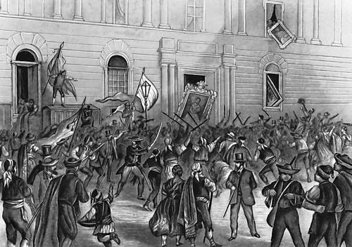 Народная демонстрация перед зданием общественных работ в Мадриде в окт. 1868. Гравюра 1868.