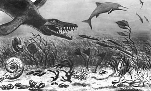 Рис. 3. В позднеюрском море. Восточно-Европейская платформа. На переднем плане водный ящер — плиозавр гонится за белемнитами; вдали — ихтиозавр и правее — акулы; на дне — брахиоподы, двустворки, морской ёж, морские лилии и др.; слева в воде у дна — аммониты.
