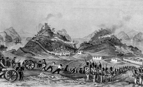 Англо-китайская война 1840—42 гг. Штурм английскими войсками крепости Чумпи под Гуанчжоу. Гравюра Г. Эдларда по рис. Т. Аллома.