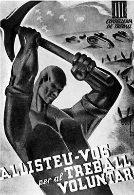 Плакаты 1936 — 39. М. Бас. «Вступайте добровольцами в рабочие бригады!» (слева). Лео. «Убийцы!» (справа).