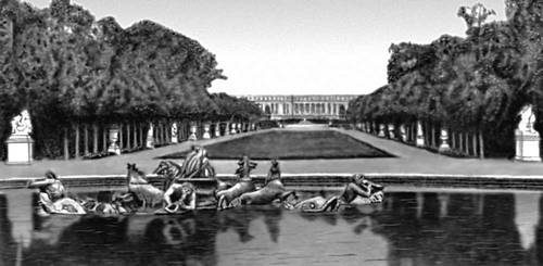 Вид на Версальский дворец (1661—1689, архитекторы Л. Лево, Ж. Арду-эн-Мансар и др.) от бассейна Аполлона (планировка парка — 1660-е гг., А. Ленотр).