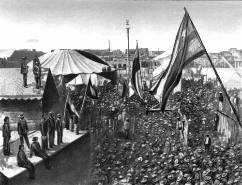 Митинг рабочих селитряных рудников во время забастовки в декабре 1907. Икике.