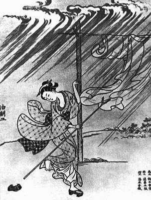 Харунобу Судзуки. «Летний ливень» (из серии «Сцены домашней жизни»). Цветная гравюра на дереве. 1765.