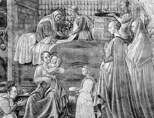 Уччелло. «Рождение Марии». Фрагменты. Росписи собора в Прато. Приписывается Уччелло.