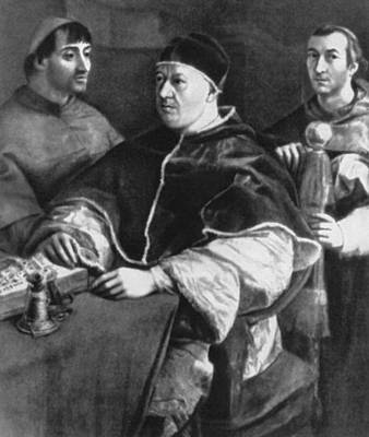 Рафаэль. Портрет папы Льва Х с кардиналами Джулио Медичи и Луиджи Росси. Около 1518. Галерея Палатина. Флоренция.