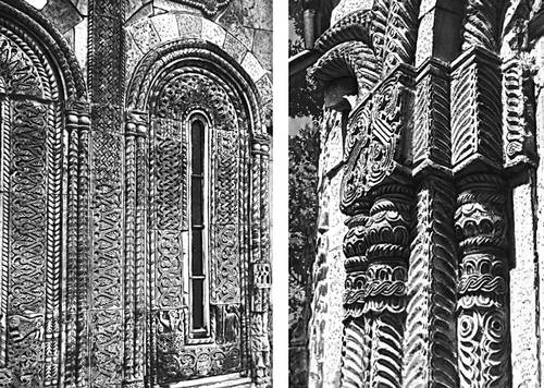 Образцы резьбы по камню: слева — обрамление окон храма Питарети, 1-я четверть 13 в.; справа — резьба на фасаде храма Кацхи, 1-я половина 11в.