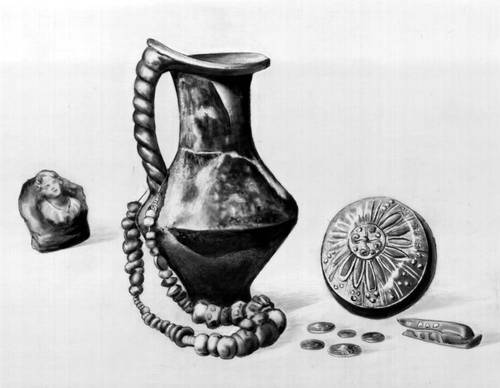 Гето-дакийские сосуды, монеты и украшения 2—1 вв. до н.э., найденные в Бухаресте. Музей при Институте археологии АН СРР, Бухарест.