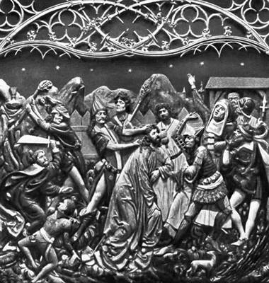 Вит Стош. «Взятие Христа под стражу». Фрагмент алтаря костёла Девы Марии в Кракове (дерево, 1477—89).