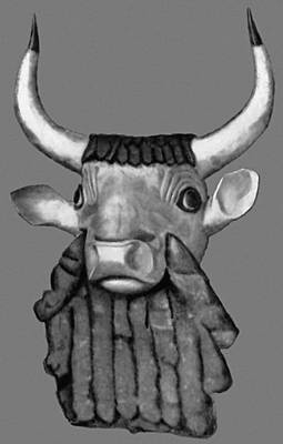 Ур. Голова быка с арфы из «царской гробницы». Золото, лазурит. 25 в. до н. э. Университет. Филадельфия.