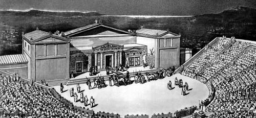 Афинский театр. 5 в. до н. э. Реконструкция Г. Булле и Г. Вирсинга с изображением представления «Агамемнона» Эсхила.