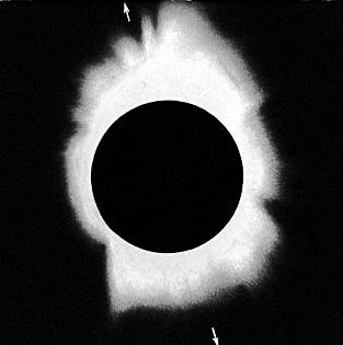 Затмение 8 июня 1937 (максимум солнечной активности); фотография получена с помощью поляризационного фильтра, стрелки указывают ось поляризации.
