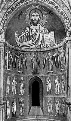 «Христос Пантократор, Мария Оранта с 4 архангелами и 12 апостолов». Мозаика апсиды собора в Чефалу (Сицилия). 1148.