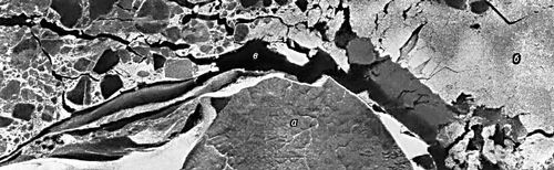 Фрагмент аэроснимка, полученного при фотоэлектронной (радарной) аэросъёмке ледового покрова. Съёмка производилась над сплошной облачностью: а — участок берега, видна эрозионная сеть; б — ледовый покров; в — открытая вода.