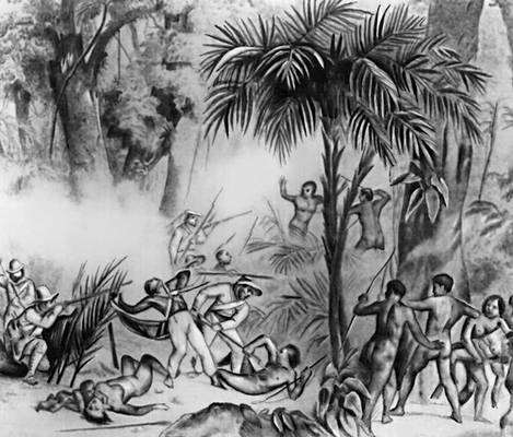 Бразилия. Захват индейцев в рабство португальцами. Рисунок худ. Г. Ф. Ругендаса.