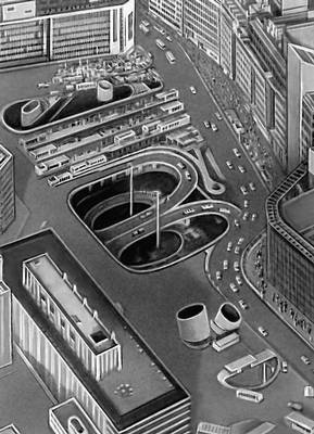 Токио. Площадь и подземная стоянка транспорта перед западным вокзалом Синдзюку. 1966. Архитектор Дж. Сакакура.