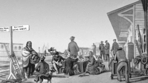 Колонизация канадского Запада. Иммигранты в ожидании поезда. Конец, 19 в. Картина У. Армстронга .