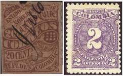 Почтовые марки Антьокия. Слева: штат Соединенных Штатов Колумбии, справа: провинция Колумбии