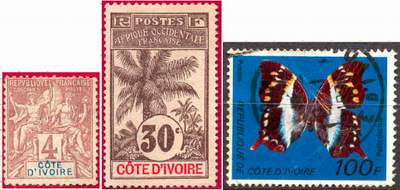 Почтовые марки Берега Слоновой Кости. Первая и вторая - колония Франции, последняя - независимая республика