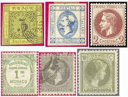 Почтовые марки классического периода (слева направо: Баден, Италия, Франция, Монако, Румыния, Люксембург)