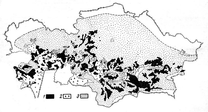 Северная часть ареала серой полыни (Artemisia terrae-albae): 1 - формационная (в том числе в комплексах); 2 - ингрегационная; 3 - ассектаторная часть ареала