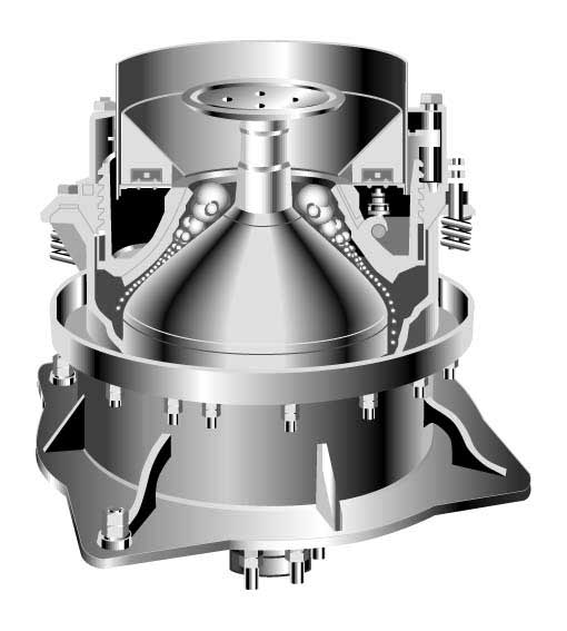 СТАНДАРТНАЯ КОНУСНАЯ ДРОБИЛКА. Материал подается сверху и дробится до нужного размера, который регулируется посредством изменения пропускного зазора в корпусе.