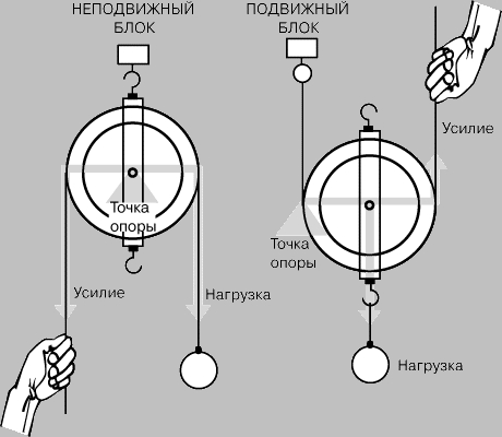 Рис. 2. БЛОК может быть закрепленным (уравнительным) или подвижным. Уравнительный блок действует как рычаг I рода, а подвижный - как рычаг II рода.