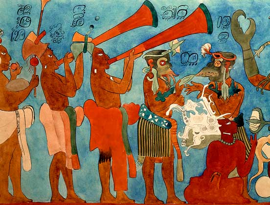 ИСКУССТВО МАЙЯ. Великолепные образцы сохранившейся фресковой живописи обнаружены в одном из храмов города Бонампак в мексиканском штате Чьяпас.