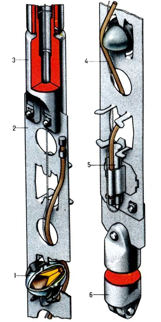  Рис. 2. Бескорпусный кумулятивный перфоратор: 1 - кумулятивный заряд в стеклянной и ситалловой оболочках; 2 - лента; 3 - головка; 4 - детонирующий шнур; 5 - взрывной патрон; 6 - груз