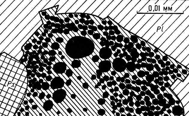  Ликвационная текстура вулканических горных пород (схематическая зарисовка по фотографии): несмесимость остаточной магмы в интерстициях между зёрнами плагиоклаза (PI) и пироксена (Px) в базальте. Видны капли богатого железом бурого стекла (чёрные) в матрице светлого стекла